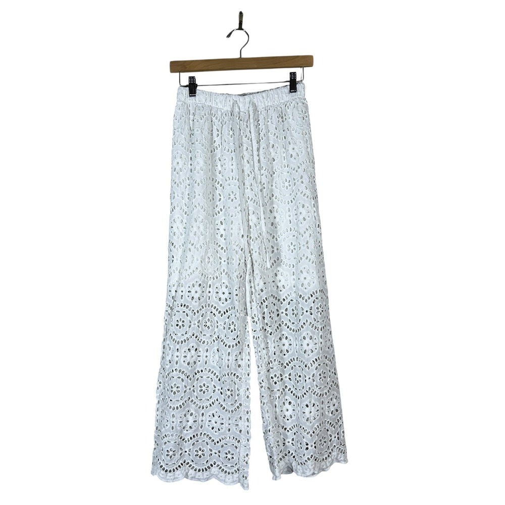 Aaron & Amber Eyelet Floral Wide Leg Pants White Boho Resort Beach Size S